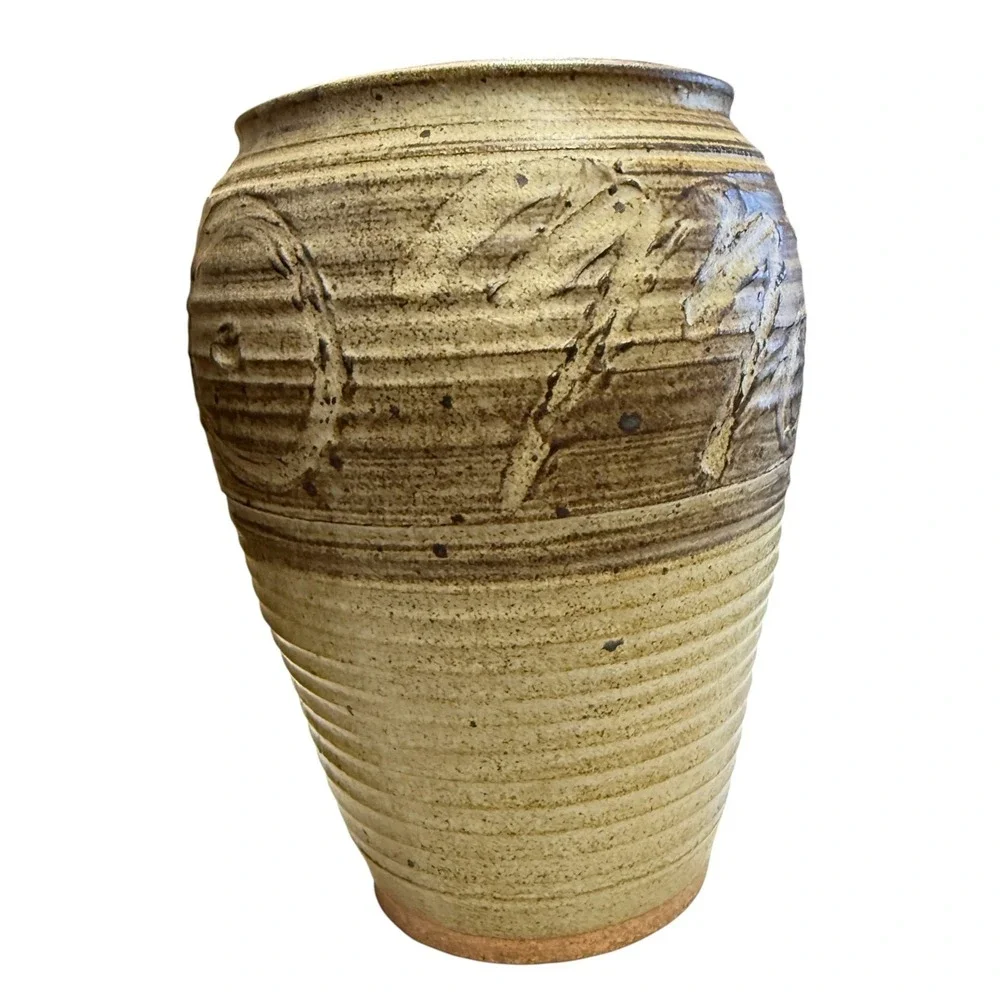 Vintage Studio Pottery Stoneware Vase Hand Carved Ribbed Earth Tones Signed 11in